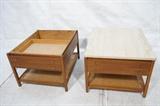 Lot 277:  Pr PAUL McCOBB Calvin Side Tables Stands. Two Drawers. One with Travertine Top; One missing top. Both labeled: Dimensions:  H: 19 inches: W: 24 inches: D: 28 inches --- 