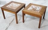 Lot 279:  Pr BROWN SALTMAN Square Copper Enamel Tile Top Side Tables. Enamel decorated Copper Tiles. Wood miter corner frame. Label. : Dimensions:  H: 15.5 inches: W: 18.25 inches: D: 18.25 inches --- 