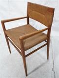 Lot 290:  Woven Rush Seat Arm Lounge Chair. Tapered legs. Not marked: Dimensions:  H: 31.5 inches: W: 22 inches: D: 17.5 inches --- 