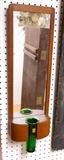 Lot 295:  Danish Teak Wall Mirror with Green HOLMEGAARD Glass Vase. Vase is labeled.: Dimensions:  H: 26 inches: W: 8 inches --- 
