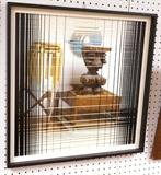 Lot 298:  Framed Mirror with Black & White Op Art Graphic Silkscreen Design. Black & White Frame.: Dimensions:  H: 22.5 inches --- 
