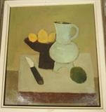 Lot 309:  LARRY DAY Oil on Canvas Painting. Still Life: Pitcher & Fruit. Signed: Dimensions:  Image Size: H: 15 inches: W: 13.5 inches --- 