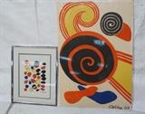 Lot 318:  2 pc ALEXANDER CALDER Lithograph Prints. Large piece  in primary colors with swirls, dated 69. Smaller piece is black & primary color mobiles. : Dimensions:  H: 35 inches: W: 23.75 inches --- 