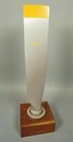Lot 323:  Aluminum Propeller Mounted on Wood Block. Prop has Yellow painted tips. Marked  ASSY Mar 1966. Great Modernist Industrial Sculpture.: Dimensions:  H: 27.5 inches: W: 8.25 inches: D: 7.5 inches --- 