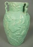 Lot 324:  14" FULPER Art Deco American Art Pottery Vase. Turquoise Glaze. Three Decorative Handles Relief floral design. Marked.: Dimensions:  H: 14 inches: W: 8 inches --- 