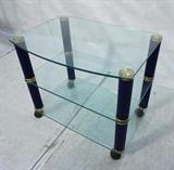 Lot 326:  80's Modern Murano Glass Column Server Cart,  Glass shelves and top with fluted Deep blue glass columns.  Brass finish metal caps.  Top shelf bowed out on front.: Dimensions:  H: 24.7527.75 inches: W: 27.75 inches: D: 19.75 inches --- 