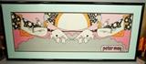 Lot 331:  PETER MAX Silk Scarf. Pinks, Grays, Oranges and Black. Marked. framed: Dimensions:  H: 13.5 inches: W: 41 inches --- 