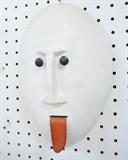 Lot 334:  BENNINGTON POTTERY Whimsical Face Wall Sculpture. White Pottery Face/Mask with Red Leather Tongue & Nail Eyes. Marked: Dimensions:  H: 11.25 inches: W: 7.5 inches --- US Shipping charge: $35