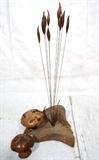 Lot 338:  DAVID E ROGERS Carved Mushroom & Cattails Sculpture. Wood sculpture with metal rods. One mushroom is a separate piece. From large collection of the artist/sculptor's work. Princeton, NJ artist and Vanderbilt University Professor.: Dimensions:  H: 43 inches: W: 21 inches: D: 16 inches --- 