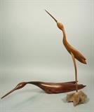 Lot 341:  2pc DAVID E ROGERS Carved Natural Wood Birds Sculpture. Crane & Swan. Swan signed DER '69. Crane  signed DER '93. From large collection of the artist/sculptor's work. Princeton, NJ artist and Vanderbilt University Professor.: Dimensions:  H: 20.5 inches: W: 12 inches: D: 6 inches --- 