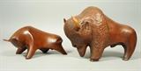 Lot 345:  2pc DAVID E ROGERS Carved Wood Bull Sculptures. Larger signed DER '88.  From large collection of the artist/sculptor's work. Princeton, NJ artist and Vanderbilt University Professor.: Dimensions:  H: 9 inches: W: 13 inches: D: 5.5 inches --- 