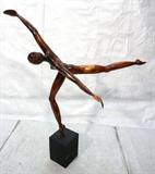 Lot 350:  Large DAVID E ROGERS Carved Wood Dancer Sculpture. Tall elegant female Dancer stands on one foot with arms outstretched. Signed DER. Swivel base. From large collection of the artist/sculptor's work. Princeton, NJ artist and Vanderbilt University Professor.: Dimensions:  H: 53 inches: W: 48 inches: D: 27 inches --- 