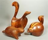 Lot 356:  3pc DAVID E ROGERS Carved Wood Figural Sculptures. Ground Animals:  Long tailed animal with inlaid stripe. Fat Chipmunk with inlaid stripes. Little Beaver. Two larger are signed & dated. From large collection of the artist/sculptor's work. Princeton, NJ artist and Vanderbilt University Professor.: Dimensions:  H: 16.5 inches: W: 12.5 inches: D: 7 inches --- US Shipping charge: $50
