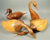 Lot 358:  4pc DAVID E ROGERS Carved Wood DUCK Sculptures. Two two toned ducks. Two standing ducks. Signed & dated. From large collection of the artist/sculptor's work. Princeton, NJ artist and Vanderbilt University Professor.: Dimensions:  H: 13.25 inches --- US Shipping charge: $50