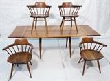 Lot 365:  GEORGE NAKASHIMA Dining Table. Four Chairs.  Free edge Dining Table with  Three Butterflies. Two 14.5" Leaves. Set includes Four Walnut NAKASHIMA Captain's Chairs.: Dimensions:  H: 12.5 inches: W: 18 inches: D: 16 inches --- 