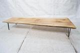 Lot 367:  7'4" Dried Dawn Redwood 2" Slab Free Form edge Coffee Table. Natural Edges. Slab rests on iron hairpin legs. Unfinished dried wood : Dimensions:  H: 13.5 inches: D: 33 inches: L: 87.5 inches --- 