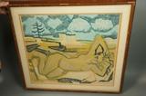 Lot 373:  ALFREDO ZALCE 1967 Block Print. Nude Female in Landscape. Signed, dated. Titled: " Desnudo" #57/60: Dimensions:  Image Size: H: 19.5 inches: W: 23.25 inches --- 