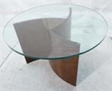 Lot 389:  Modernist KAGAN style Side Table Arched Wood Form with Thick Glass Top. : Dimensions:  H: 19.25 inches: W: 30 inches --- 