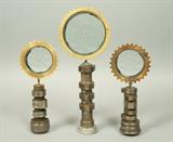 Lot 392:  3pc Industrial Table Sculptures. Steel, Brass & Glass. Magiscopes. Engraved F Bejar. some rust: Dimensions:  H: 11.25 inches: W: 4.5 inches --- US Shipping charge: $35