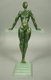 Lot 393:  Bronze & Glass Sculpture. DARDEK DOMINIQUE. Green patinated Bronze female figure leans on frosted green glass tier. Signed, I/IV.: Dimensions:  H: 13.5 inches: W: 8 inches: D: 4.75 inches --- US Shipping charge: $35