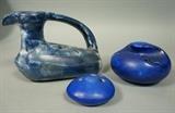 Lot 394:  3pc Modern Pottery 1. Low Ewer marked DOQUEL CHANTAL, France. 2. & 3. GOTEK,  Galeria ????Venezuela cobalt blue glazed flower frogs. Ikebana. : Dimensions:  H: 6 inches: W: 9 inches: D: 4 inches --- 