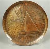Lot 395:  REBAJES Copper Charger. Two Sailboats. Signed REBAJES: Dimensions:  H: 15.25 inches --- US Shipping charge: $35