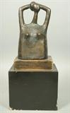 Lot 397:  Bronze Figural Henry Moore style Female Nude. Signed LESHER. Black cube base.: Dimensions:  H: 16 inches: W: 6.5 inches: D: 5 inches --- US Shipping charge: $35