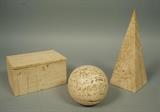 Lot 404:  3pc Italian Travertine Vintage  Sculptures. Lidded Box. Sphere. Tall Pyramid.  Marked Marble Art, Italy: Dimensions:  H: 9 inches --- 