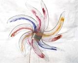 Lot 406:  Large Glass Floor Sculpture. Pinwheel form with copper & steel wrapped center details. Textured glass with colored accents: Dimensions:  H: 40.754 inches: W: 40.75 inches: D: 7 inches --- 