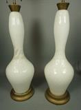 Lot 412:  Pr Large Murano Art Glass Table Lamps. Bowling Pin Form White glass with Internal Quilt Pattern. Gilt Painted Bases & Caps. Glass elements are 24" H x 9"W: Dimensions:  H: 38 inches: W: 9 inches --- 