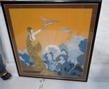 Lot 414:  Framed ERTE Silk Scarf. Woman with Falcons Birds. : Dimensions:  Image Size: H: 33 inches: W: 31.75 inches --- 