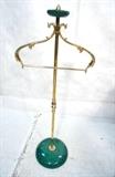 Lot 416:  ALDO TURO Italian Brass Valet. Fancy Brass Stand with Green Goatskin Domed Base and Top. Pine cone finial. Not marked. : Dimensions:  H: 44 inches: W: 17.5 inches: D: 12 inches --- 