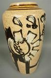 Lot 417:  Large West Germany Pottery Vase. Speckled glaze with raised slip decorated floral design. Marked W Germany, 517? : Dimensions:  H: 18 inches: W: 8.5 inches --- 