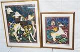 Lot 431:  2pc MARIA ABBOUD Mystical Prints. 1). Unicorn in enchanted landscape. 8/15 A.P. 2). Three Dogs; 32/325. Both pencil signed & numbered: Dimensions:  Image Size: H: 43 inches: W: 33.5 inches --- 
