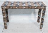 Lot 447:  Modernist Console Hall Table. Covered in Circle & Line Fabric. Brass Stud Trim.: Dimensions:  H: 32.25 inches: W: 48 inches: D: 18 inches --- 