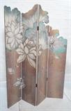 Lot 449:  Asian Inspired Four Panel Folding Screen. Cut In Lotus Design. Room Divider. Decorated on Both Sides.: Dimensions:  H: 84 inches: W: 64 inches --- 