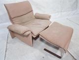 Lot 456:  SAPORITI ITALIA Lounge Chair & Ottoman. Shaped Form with Rolled Arms. Wide Flat Chromed Steel Ottoman. Fratelli Saporiti Made in Italy tag.: Dimensions:  H: 33 inches: W: 41 inches: D: 32 inches --- 