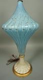 Lot 459:  Blue Murano Art Glass Table Lamp. Blown Ribbed Glass with internal gold flecks and trapped air bubbles. Gold painted wood base. Glass section is 21.5" H: Dimensions:  H: 33.5 inches: W: 10.5 inches --- 