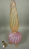 Lot 460:  Pink Murano Art Glass Table Lamp. Blown Swirl Glass 2 part lamp on twisted glass feet.  Glass section is 23" H: Dimensions:  H: 27 inches: W: 8.5 inches --- 