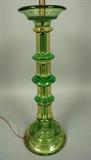 Lot 461:  Green Murano Art Glass Table Lamp. Column Form composed of several cylindrical glass elements. Missing pad feet so the bottom rim rests on cord and causes lamp to not sit flat; needs little pads.  Glass section is 20.75" H: Dimensions:  H: 40 inches: W: 8 inches --- 