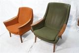 Lot 467:  Pr His & Her Lounge Chairs. Modern Teak probably Norway or Denmark. His is tall back with green fabric. Hers Has rust upholstery. Sloped arms with wood arm rests.: Dimensions:  H: 37 inches: W: 30.25 inches: D: 34 inches --- 