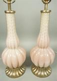 Lot 468:  Pr Modernist Murano Art Glass Table Lamps. Pale Pink Glass on Silvered Metal fluted Bases.  Glass is 16"H: Dimensions:  H: 23 inches: W: 7.25 inches --- 