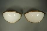 Lot 472:  Pr Milk Glass Wall Sconces with Brass Mounts. Semi Circle.: Dimensions:  H: 5.25 inches: W: 11 inches: D: 5.25 inches --- 