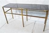 Lot 481:  Harvey Probber style Brass Tube & Glass Sofa Table. Inset Black Glass Top Hall Console Table. : Dimensions:  H: 30.25 inches: W: 60.25 inches: D: 18 inches --- 