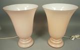 Lot 493:  Pr Murano Glass Trumpet Form Table Lamps. Not Marked. Pale Pink with White Interior. : Dimensions:  H: 15 inches: W: 10.75 inches --- 