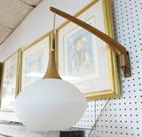 Lot 507:  Danish Modern Teak Wall Mount Lamp.  Pendant lamp with glass shade.  Swing arm adjustable height.: Dimensions:  H: 19 inches: W: 19 inches: D: 9 inches --- 
