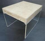 Lot 522:  Karl Springer Style Side Table with One Drawer.  Faux snakeskin and lucite.  Ball pulls. Lucite sides and back.: Dimensions:  H: 22.25 inches: W: 25.25 inches: D: 32 inches --- 