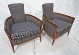 Lot 525:  Pair Decorator Lounge Chairs with Tapered Legs.  Wood Frame.  American Modern.  Wide Seats.  Parzinger Style.: Dimensions:  H: 34.5 inches: W: 29 inches: D: 30 inches --- 