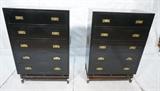 Lot 530:  Pair American Modern Tall Chest Dressers.  Hickory Manufacturing.  Black Lacquer with Brass Hardware and Accents.: Dimensions:  H: 51.25 inches: W: 35 inches: D: 19.5 inches --- 