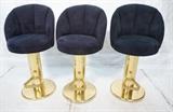 Lot 531:  Set 3 Modernist Bar Stools with Heavy Brass Bases.  Blue Ultrasuede.  Tufted.: Dimensions:  H: 44 inches: W: 23.5 inches: D: 22.5 inches --- 